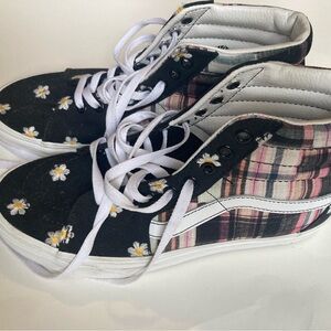 Vans Black and Pink Plaid Sneakers with Daisy Print